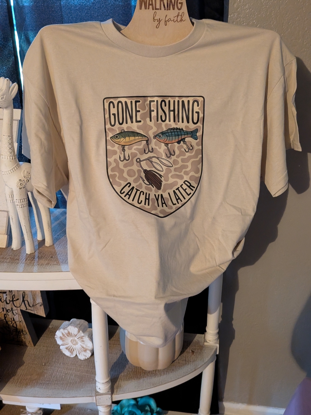 Gildan Beige 'Gone Fishing' Short Sleeve Tee